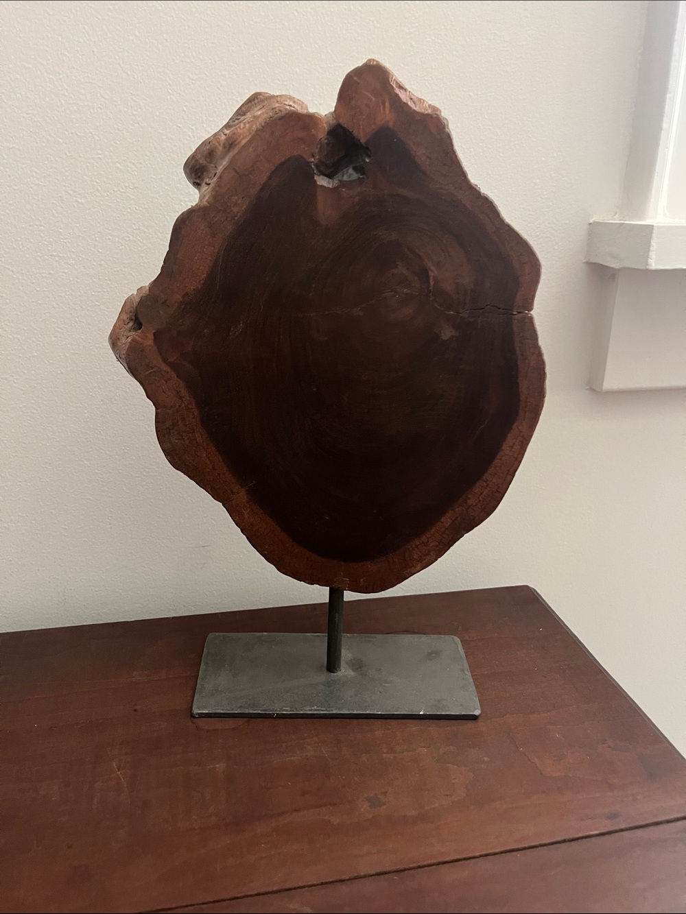 Dark Brown Natural Wood Slice Sculpture on Stand - Home Art